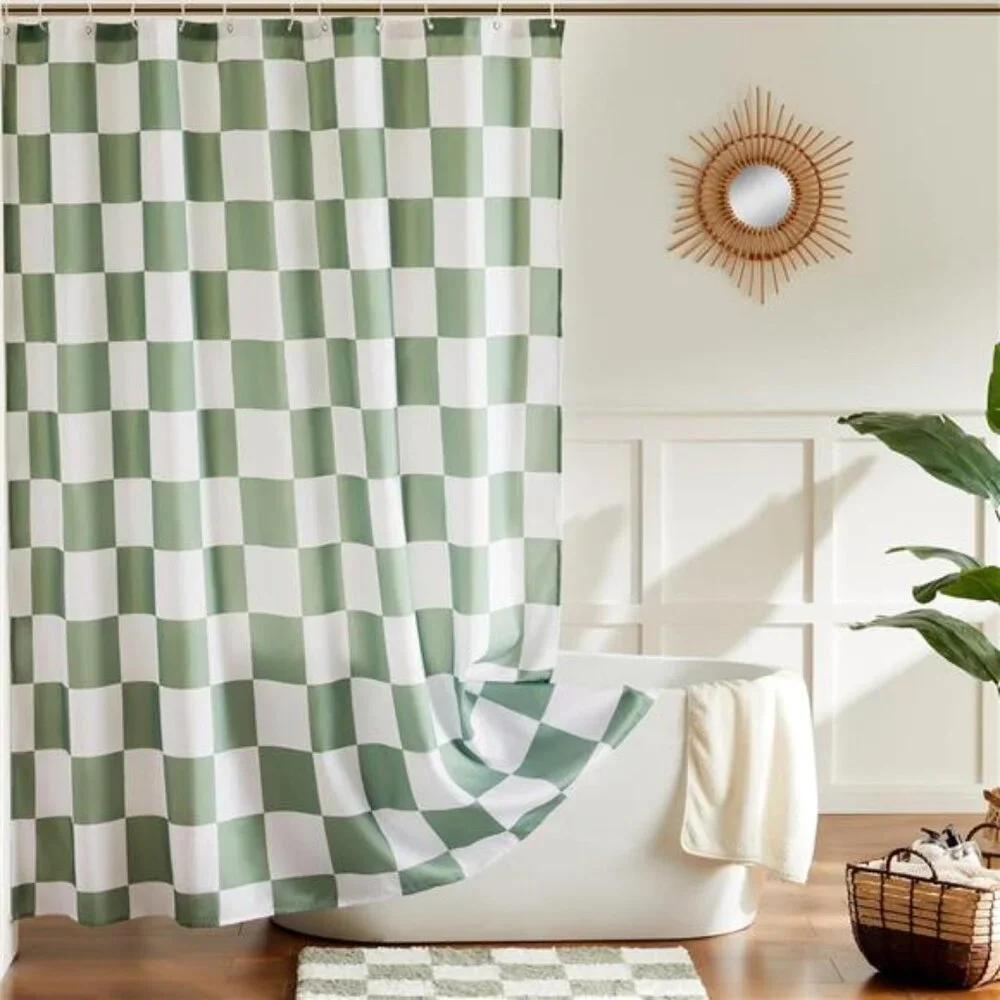 Checkered Shower Curtain, Sage Green Shower Curtains for Bathroom, Cute Retro